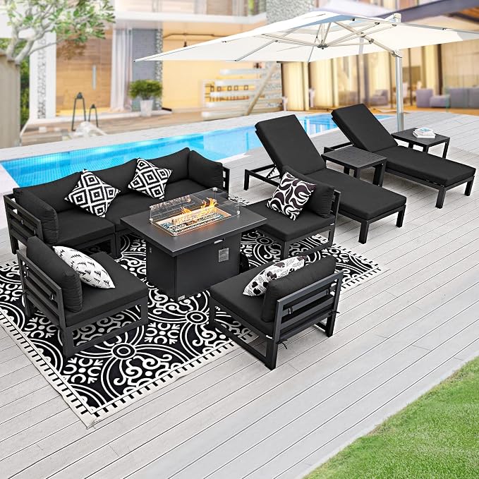 BULEXYARD 11 Piece Modern Aluminum Outdoor Patio Furniture Set with Lounger & Fire Pit Table, Extra Large All-Weather Modular Sectional Couch, 29" Wide Deep Seating Conversation Sofa for Garden, Black