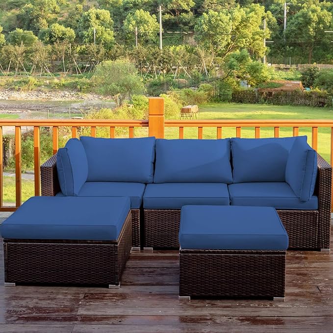 Tangkula 5 Piece Patio Furniture Set, Outdoor Sectional Rattan Sofa Set with Cushions and Coffee Table, Suitable for Backyard Porch Garden Poolside and Deck, Wicker Conversation Set (Navy Blue)