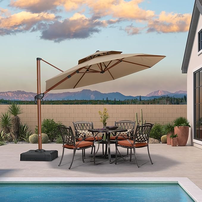 PURPLE LEAF 11ft Patio Umbrella Cantilever Umbrellas Outdoor Round Wood Umbrella Offset Umbrellas Heavy Duty Sun for Garden Deck Pool, Spectrum Sand