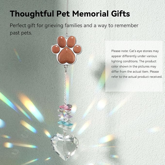 Pet Memorial Suncatcher - Dog Memorial Gifts, Pet Loss Sympathy, Thoughtful Dogs and Cats Condolence Bereavement Remembrance Gifts, Chrysoberyl Cat's Eye Stone Paw Crystal Suncatcher