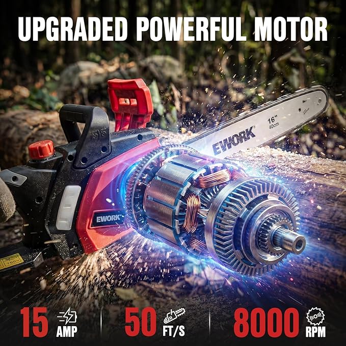 EWORK Electric Chainsaw Corded 16-Inch 15 Amp Electric Chain Saws, Corded Chainsaw with Tool-Free Chain Tension, Auto Oiling, Low Kickback, Electric Chainsaw for Tree Cutting, Pruning, Firewood