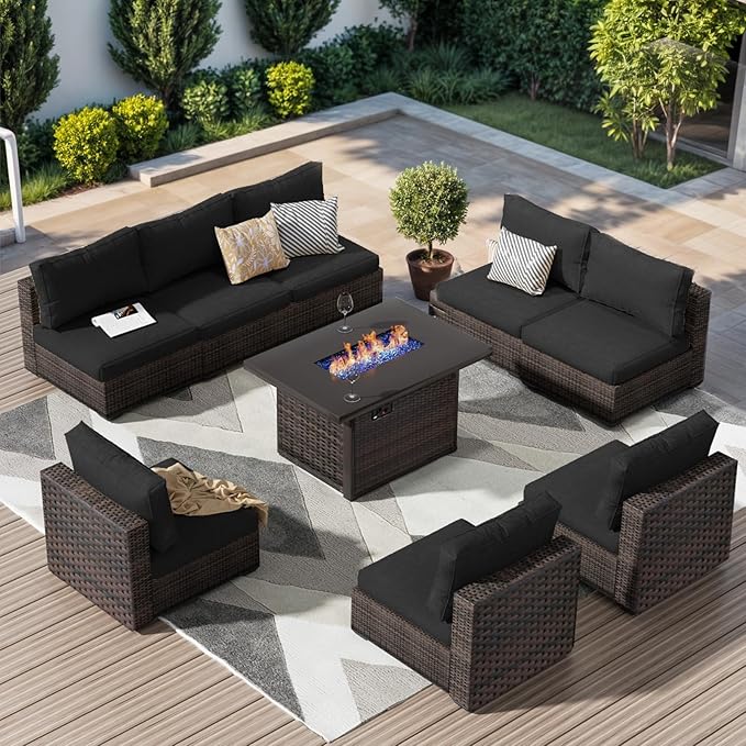 Patio Furniture Set with Fire Pit Table, Outdoor Sectional Rattan Sofa Set, Patio Set Seating Furniture with Thickened Cushions (Black, 9 Pieces)