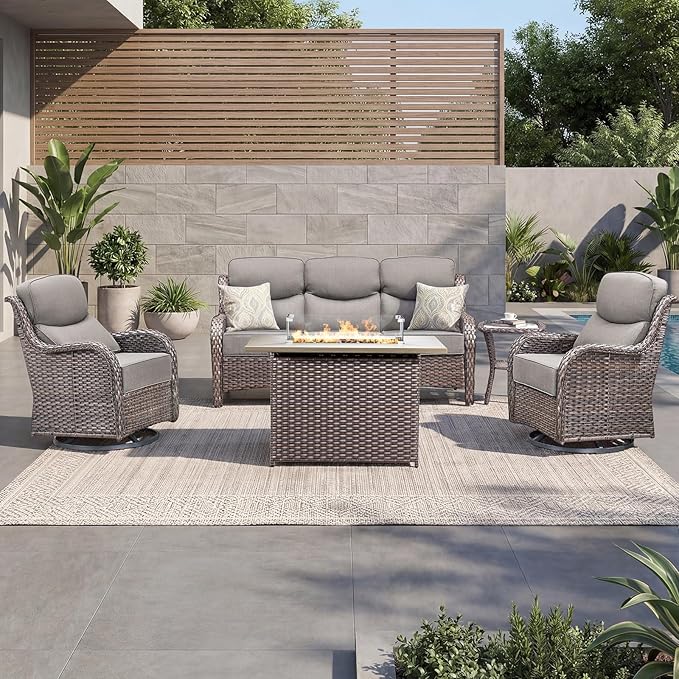 Luxury Patio Furniture Set with 6-inch Thick Cushion, Outdoor Furniture with Fire Pit Table, Swivel Chairs, Side Table, Sofa, 5pcs Wicker Conversation Set for Deck Yard and Poolside(Grey)