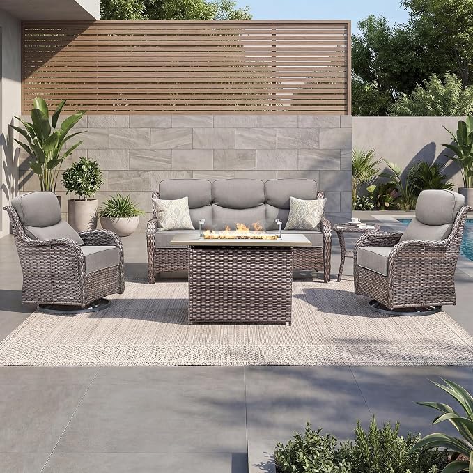 Luxury Patio Furniture Set with 6-inch Thick Cushion, Outdoor Furniture with Fire Pit Table, Swivel Chairs, Side Table, Sofa, 5pcs Wicker Conversation Set for Deck Yard (Brown Wicker/Grey Cushion)