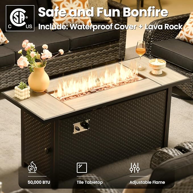 ovios 10 Pieces Patio Furniture Set, Outdoor Wicker Sofa Couch with Rocking Swivel Chairs Solar Light Table Fire Pit, Modern Deep Seat Rattan Conversation Sets, Black