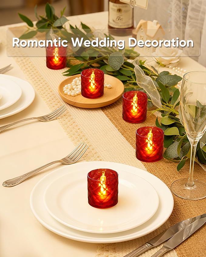 Homemory 2" x 2" Acrylic Votive Candle Holders with Auto Timer Flameless Led Tealight, Battery Powered Fake Electric Candles for Wedding Centerpiece, Table, Christmas Decor (12Pack, Red Base)