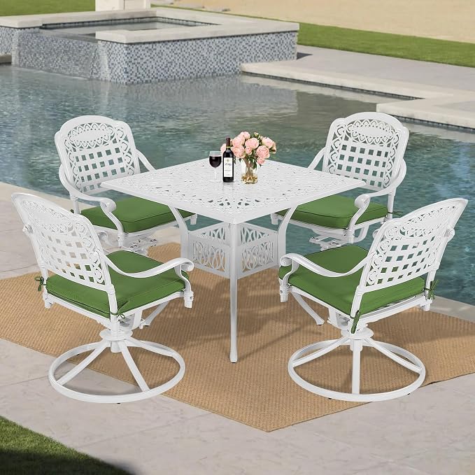 MEETWARM 5-Piece Outdoor Patio Dining Set, All-Weather Cast Aluminum Patio Conversation Set with 4 Cushions Swivel Rocker Chairs for Backyard Garden Deck and 35.4" Square Table, White