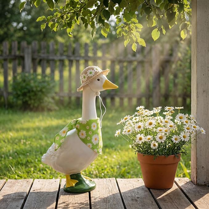 Daisy Porch Goose Outfits–2Pcs Cute Spring Goose Costumes for Porch Goose with Daisy Print Bib & Hat, Fit 23 Inch, Spring Summer Goose Decor for Garden Yard Patio