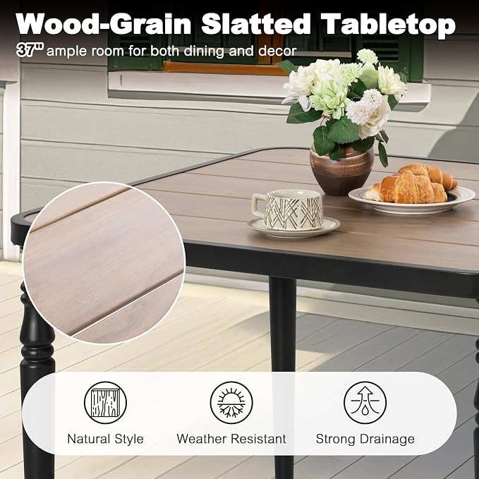 NUU GARDEN 5-Piece Outdoor Dining Set for 4, Metal Square Table with Umbrella Hole and Wood-Grain Top with 4 Patio Swivel Rocking Textilene Chairs for Porch Backyard Garden Poolside Black Brown