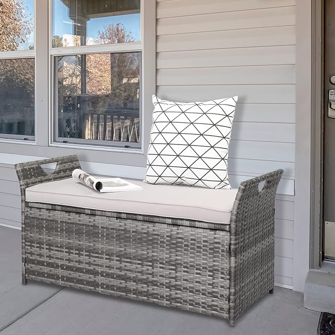 33 Gallon Outdoor Storage Bench with Cushion, Outdoor Wicker Storage Box, Patio Deck Box with Seat, for Garden, Balcony, Poolside, Grey