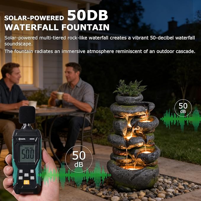 5-Tier Solar Water Fountain Outdoor Garden Cascading Rock Feature, 29.5''Tall Solar Powered Outside Fountains and Waterfalls with Lights for Garden, Patio, Yard, Deck Home Décor