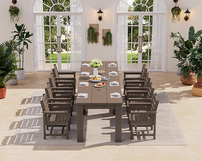 SERWALL Patio Dining Sets for 8, Outdoor Dining Sets for 8 Person with 2 Umbrella Hole Cut-Out Rectangular Tables and 8 Chairs, HDPE Dining Sets for Garden, Backyard, Poolside, Coffee