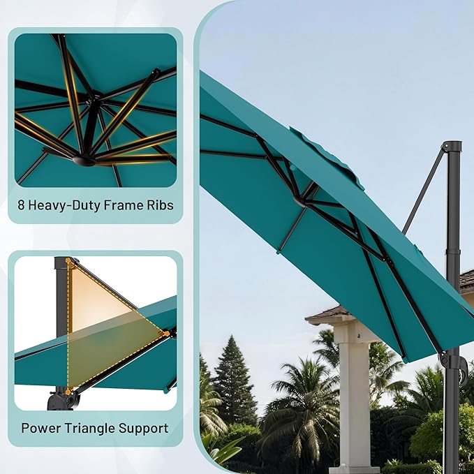 AreShark 9 × 9FT Square Cantilever Patio Umbrella with Base Included, 360° Rotation Offset Outdoor Umbrella, 5 Tilt Settings Heavy Duty Hanging Parasol for Deck Garden Pool, Lake Blue