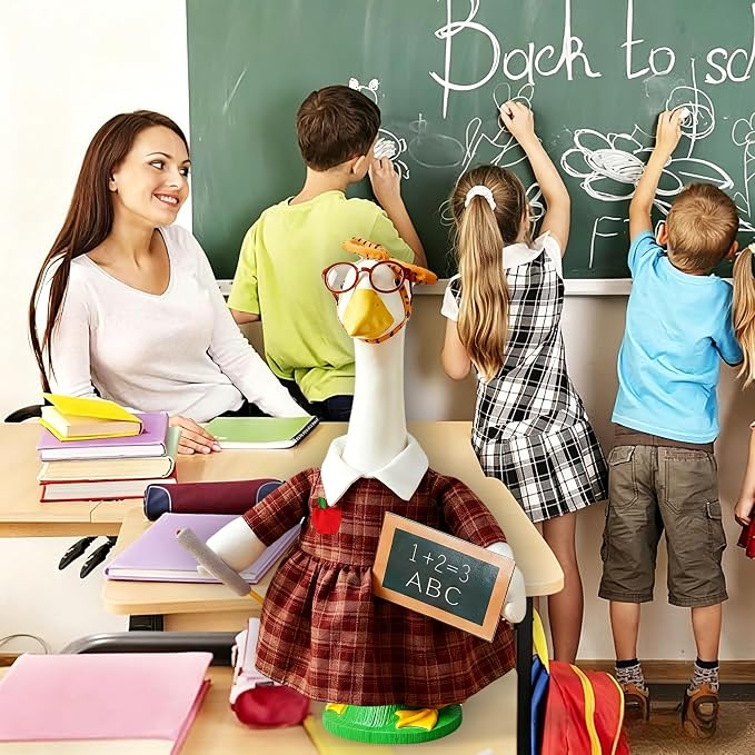 Back to School Porch Goose Outfit – Teacher Costume Set with Ruler Headpiece, Glasses, Plaid Skirt, Exam Papers & Chalkboard Prop for 23'' H Plastic/Cement Statues, Classroom Yard Garden Decor