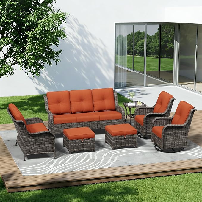 7 Piece Outdoor Wicker Patio Furniture Set, Outdoor Swivel Rocker Patio Chairs Set with Thickened Olefin Cushions, High Back and Deep Seating, Hand-Woven PE Rattan for Porch, Deck