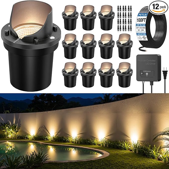 All-in-One Low Voltage Landscape Lighting 12W LED Well Lights IP67 Outdoor In-Ground Lights Waterproof with 144W Transformer, 2700K Warm White Pathway Lighting for Yard Garden, 12 Pack