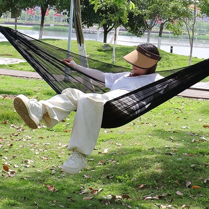 Portable Rayon Hammock Mesh Breathable Outdoor Travel Lightweight Tree Hanging Compact Easy to Install Hammock Comfortable(Black)