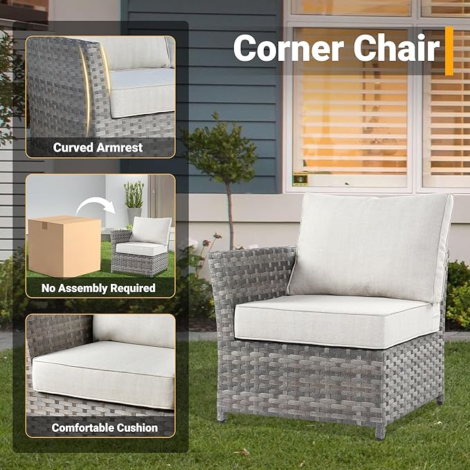 12 Pieces Outdoor Furniture Patio Sectional Sofa Couch Gray PE Wicker Conversation Sets with Ottomans Glass Coffee Table for Garden Poolside Backyard