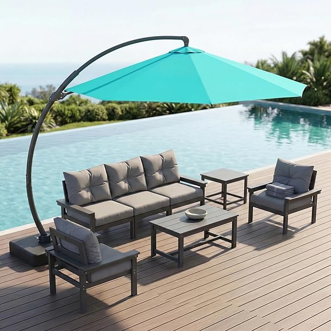11 FT Cantilever Umbrella with Base Included, Large Round 360° Rotation Offset Umbrella Outdoor Patio, Heavy Duty Aluminum Frame, Sand-Weighted Stand, for Deck, Backyard, Pool, Garden (Turquoise Blue)
