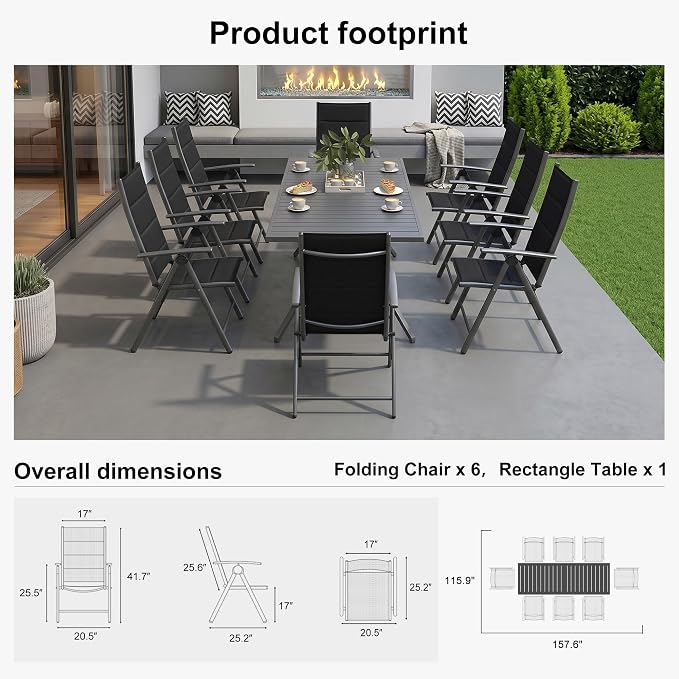 PURPLE LEAF Outdoor Dining Set for 8 Folding Patio Dining Set with Aluminum Rectangular Table and Padded Chairs All Weather Dining Table Sets for Garden Backyard Poolside, Black