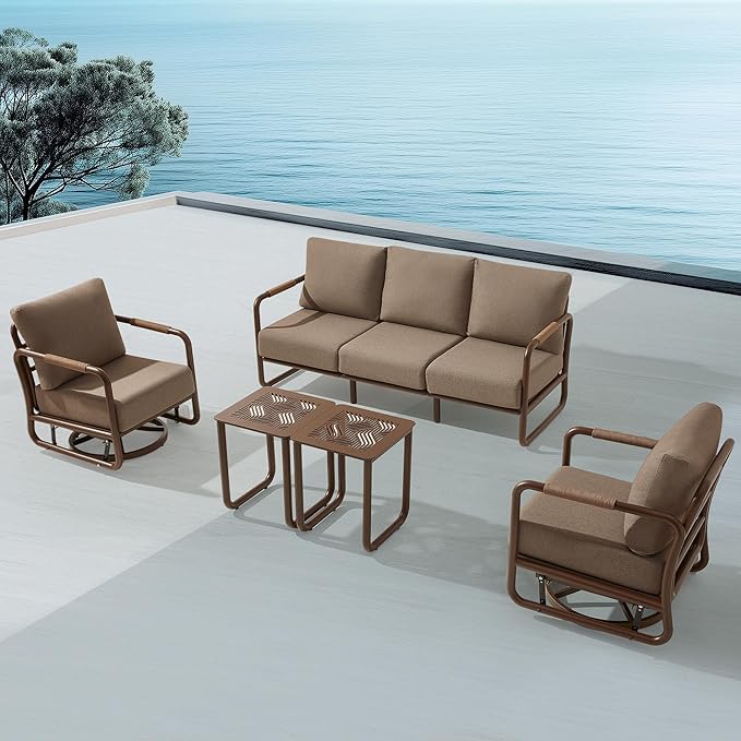 MBY Outdoor Aluminum Patio Furniture Set, 5-Seats Patio Conversation Sofa Set with 2 Swivel Rocking Chairs and 2 Coffee Tables, All Weather for Pool, Balcony, Garden-Brown