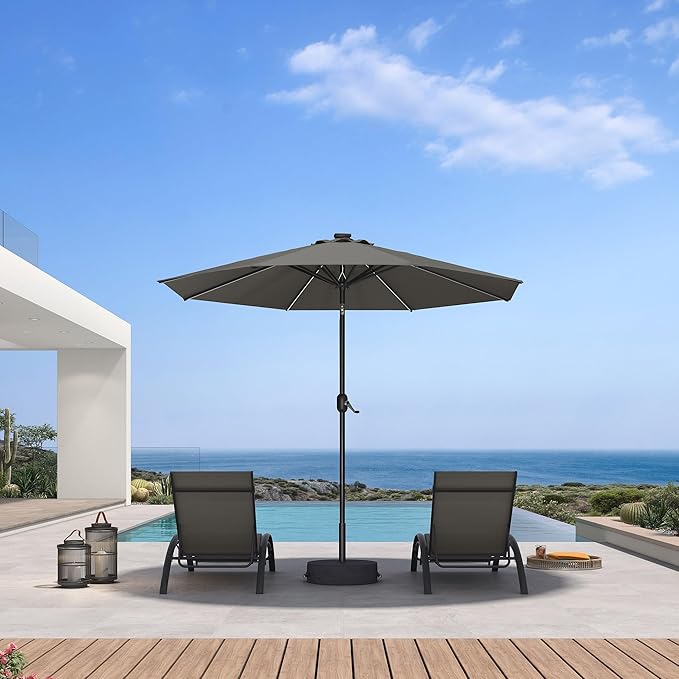PURPLE LEAF 9' Round Patio Umbrella with Solar LED Outdoor Table Umbrella Aluminum Frame Market Umbrella with 8 Sturdy Ribs & Tilt for Garden Deck Lawn Pool Gray