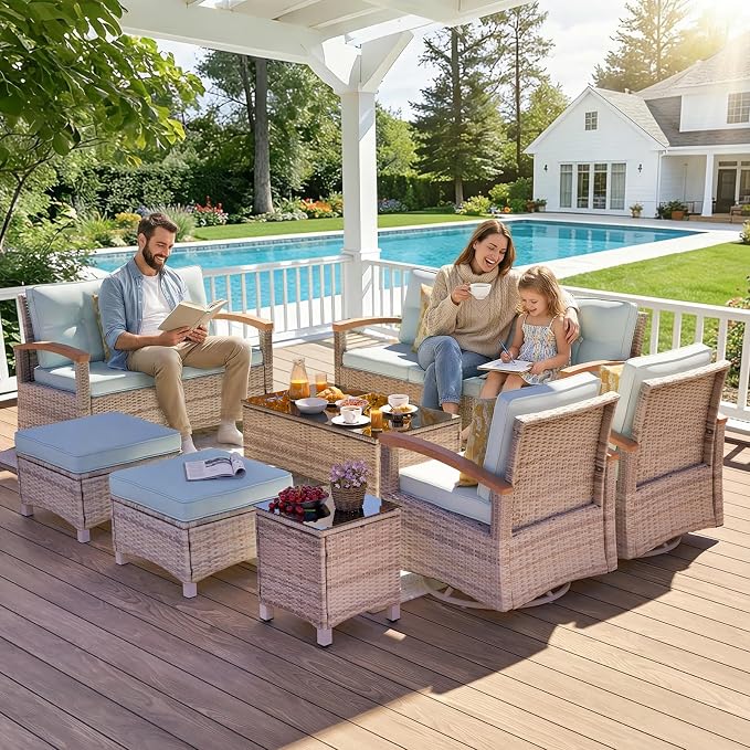 MEISSALIVVE 8 Pieces Patio Furniture Sets,Wicker Patio Conversation Sets with 2 Wood Armrests Swivel Glide Chairs, Outdoor Couch, Loveseat for Deck Yard and Poolside (Blue)