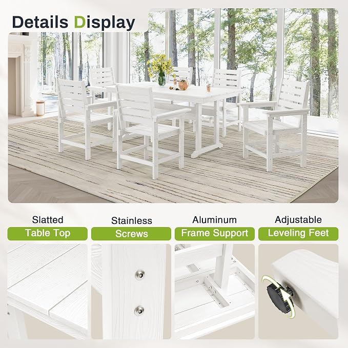 7 Piece Outdoor Dining Set, HDPS Patio Table and Chairs Set, 66" Patio Table with 1.96" Umbrella Hole & 6 Chairs, All Weather Furniture for Garden, Backyard, Poolside (White)