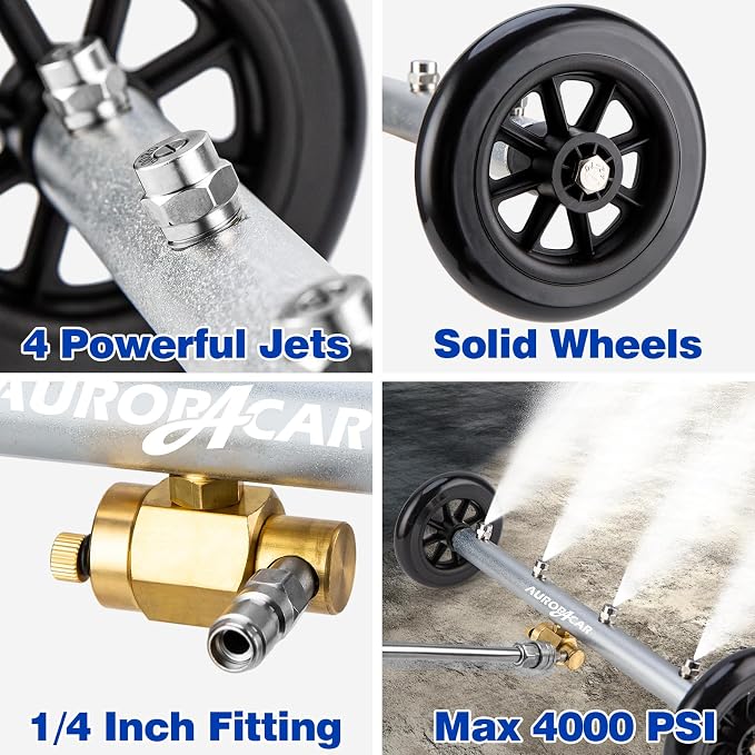 AURORA CAR Undercarriage Pressure Washer Attachment 16 Inch, Dual-Function Undercarriage Cleaner, Under Car Wash Water Broom with 3 Extension Wands, Power Washer Surface Cleaner, 4000 PSI