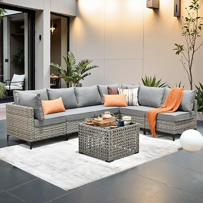 Outdoor Patio Furniture Sets,7 PCS Patio Conversation Set Outside Rattan Sectional Sofa with Coffee Table Fit Backyard Porch Garden Poolside Balcony