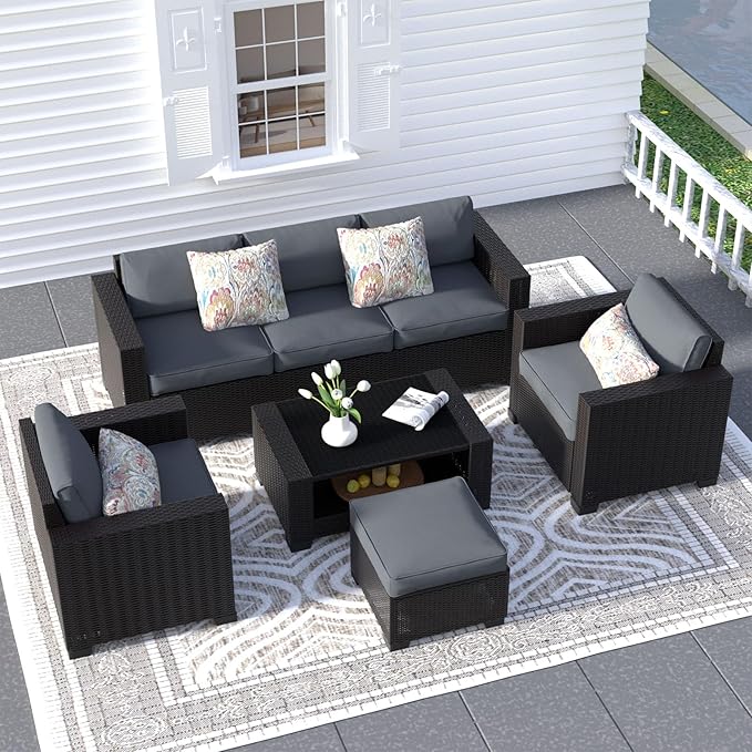 SHGJ&SOFT 7 Piece Patio Furniture Set, Wicker Outdoor Sectional Sofa with Washable Cushion Covers and Tempered Glass Table, Rattan Conversation Set for Poolside