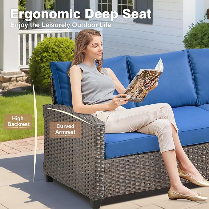 ovios 8 Pieces Patio Furniture Set, Outdoor Wicker Sofa Couch with 54" Fire Pit Table Comfy Cushions, All Weather Brown Rattan Conversation Set for Backyard Deck, Navy Blue