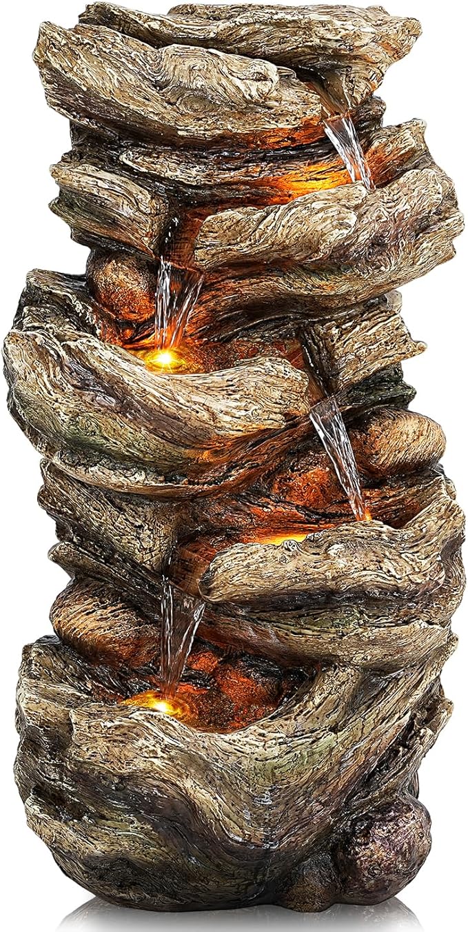 Jocoevol 32" High 5-Tiers Cascading Rock Outdoor Water Fountain with LED Lights and Pump, Natural Wood Look Waterfall Outdoor Features, Large Water Fountain for Garden, Patio, Yard