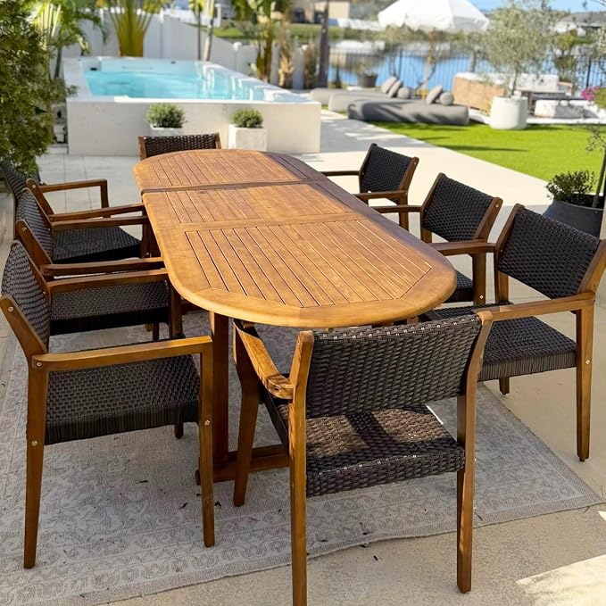 PHI VILLA Outdoor Dining Set for 6, Expandable Acacia Wood Table & Chairs | 7pc teak patio furniture set. Large farmhouse set for deck, porch, backyard.