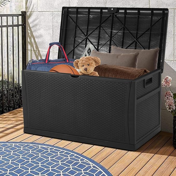 Crownland 120 Gallon Outdoor Patio Storage Deck Box Backyard Resin Container Weatherproof Box Patio Garden Furniture Storage Boxes All Weather Using,Black