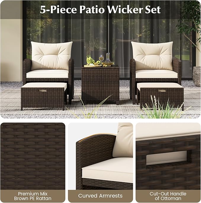 COSTWAY 5-Piece Rattan Conversation Set, Outdoor Sofa, Tempered Glass Coffee Table & Ottomans for Small Space, Boho Chic Indoor/Outdoor Furniture for Patio, Living Room & Apartment (Beige)