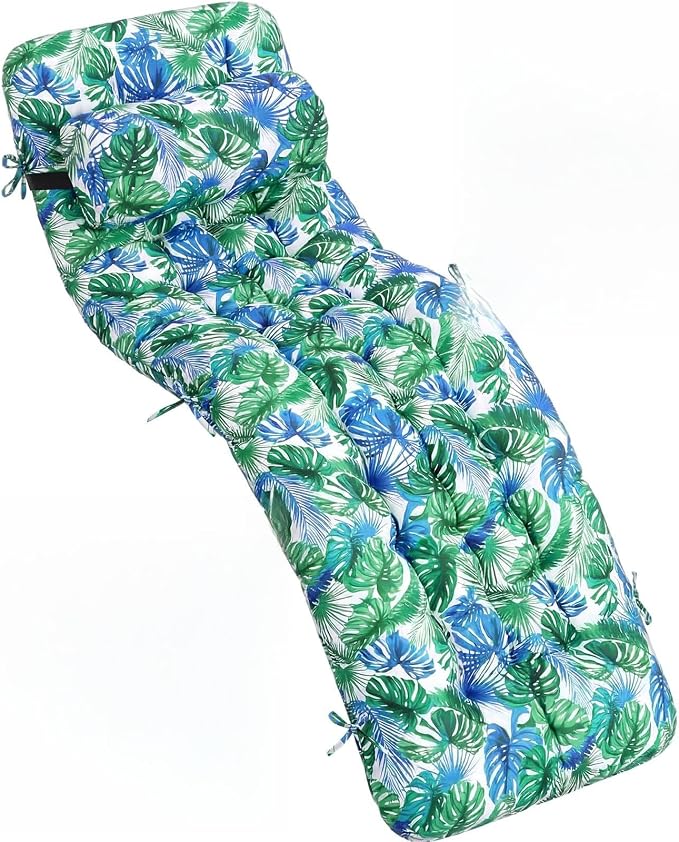 Tudomro Outdoor Chaise Lounge Cushion 66x21x4'' Waterproof & Fade-Resistant Patio Pool Chaise Lounge Cushion Headrest Pillow Tie Replacement Rocking High Back Chair(Blue Green Tropical,1 Pcs)