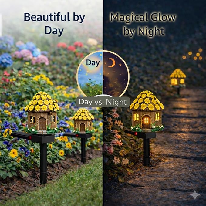 Solar Garden Lights Outdoor, 2 Pack Decorative Solar Daisy Cottage Pathway Lights Waterproof, Resin Fairy Garden Lights for Yard Lawn Patio Decor