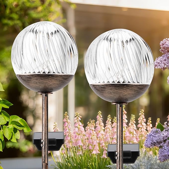 Solar Globe Stake Lights - Twinkle Effect Outdoor Acrylic Ball Garden Lights with 20 LED, IP44 Waterproof,Metal H-Shaped Ground Spike for Yard, Pathway, Patio Decor (Bronze Stake, 2 Pack)