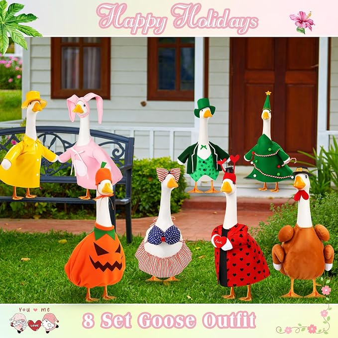 FuWeave 8 Set Holiday Porch Goose Outfits 17'' Goose Clothes Summer Fall Halloween Christmas Winter Thanksgiving Valentine St. Patrick Easter 4th of July Lawn Porch Geese Costume for Patio Yard Decor