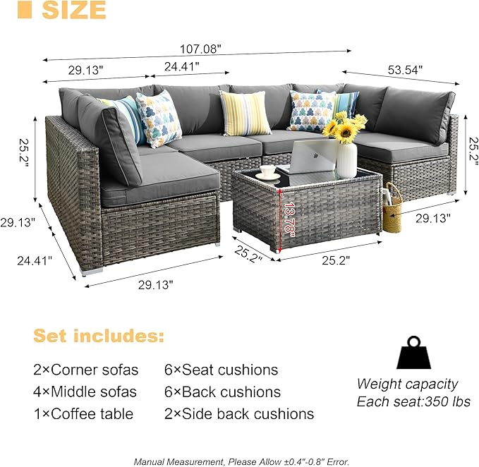HOOOWOOO Patio Outdoor Sectional Furniture Sofa Set,7 Piece U Shaped Corner Wicker Rattan Couch Set,Rustic 6 Persons Summer Patio Conversation Set for Outside Porch Deck Garden(Charcoal Gray)