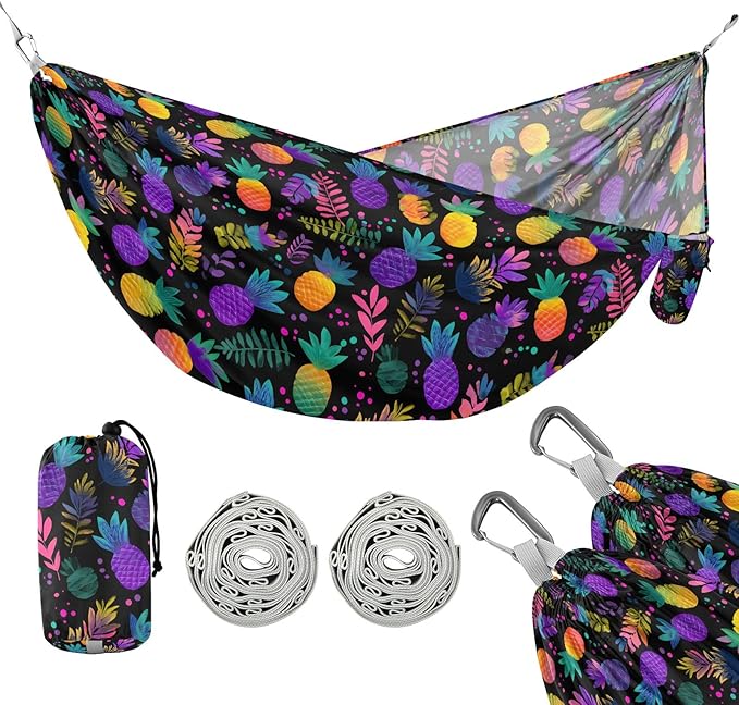 Camping Hammock Outdoor Hammocks for Outside Colorful Pineapple Neon Beach Trees Portable Lightweight with Pockets Tree Straps Indoor