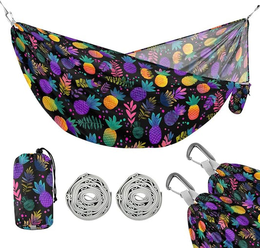 Camping Hammock Outdoor Hammocks for Outside Colorful Pineapple Neon Beach Trees Portable Lightweight with Pockets Tree Straps Indoor