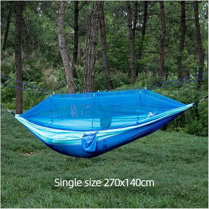 Single and Double Size Nylon Fabric Portable Travel Outdoor Camping Hanging Sleeping Hammock with Mosquito Net(Single Blue 2)