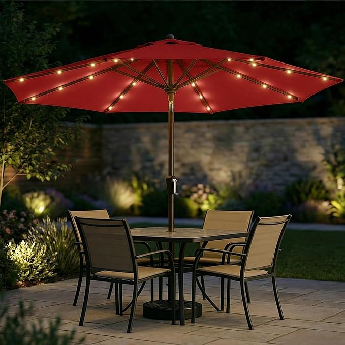 11FT Solar Patio Umbrella with Lights, Outdoor Table Market Umbrella with 32 LED Lights, 8 Sturdy Ribs, Smooth Crank Lift for Pool, Deck and Garden, UV-Resistant