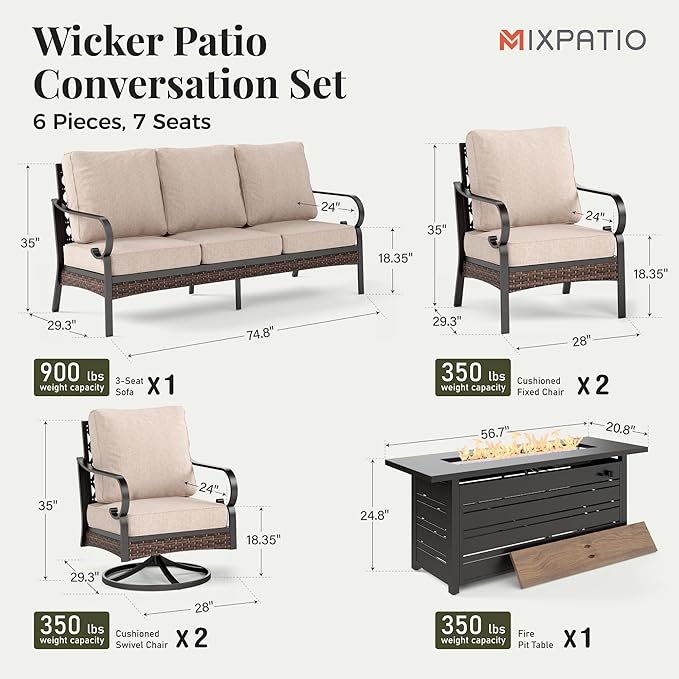 Patio Furniture Set with Fire Pit Table, Metal Outdoor Conversation Set with 5.75'' Extra Thick Cushion, 2 Swivel Chairs, 2 Leg Chairs, 3-Seat Sofa and Gas Fire Pit Table, Beige