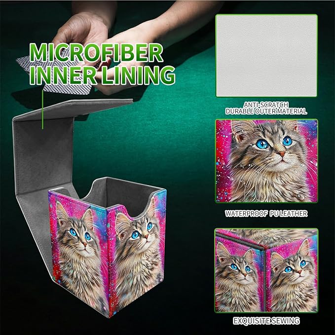 Deck Box for MTG, Cards Storage Box Fits 120+ Sleeved, Leather Medium Size Strong Magnetic Closing Card Case for Board Games Magic TCG CCG Baseball Collection, Cute Blue Eyed Cat