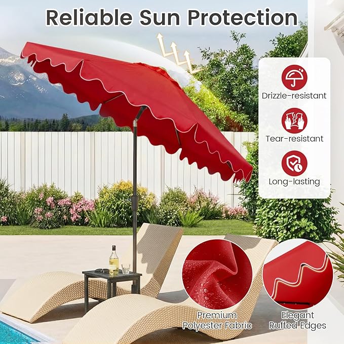 Tangkula 9 FT Solar Patio Umbrella with Base Included, 2-Tiers Outdoor Scalloped Table Umbrella with 32 LED Lights, 2 Sandbags, Tilt Adjustment, Crank, 8 Ribs for Market Backyard Pool Deck Beach Lawn