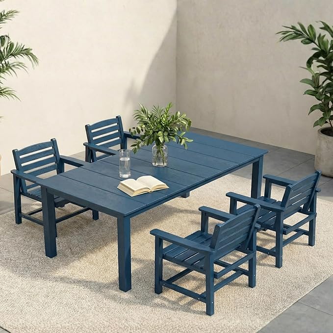HDPE Outdoor Dining Set for 4, 5-Piece Outdoor Dining Table Set with 2" Umbrella Hole, Patio Table and Chairs Set with Aluminum Frame & Legs(Blue)