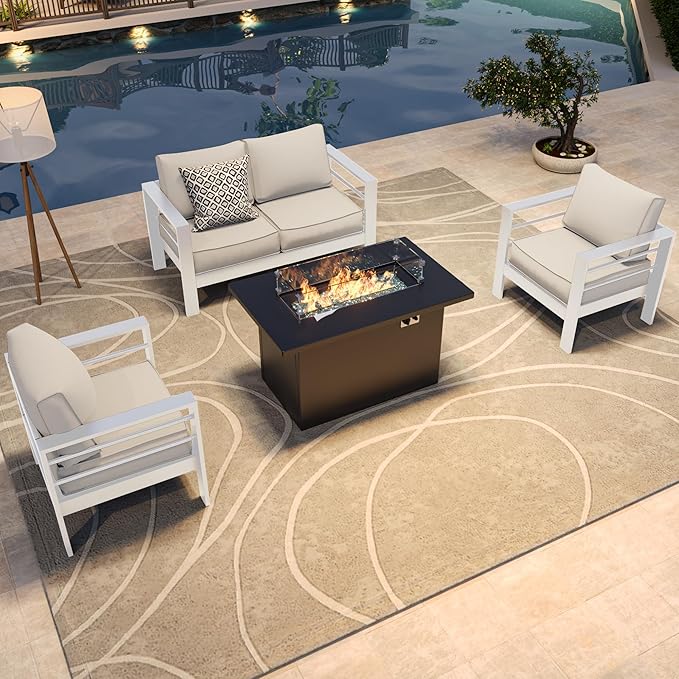 Amopatio Patio Furniture with Fire Pit, 5 Pcs Aluminum Outdoor Sectional Metal Patio Sofa Sets with Aluminum Fire Pit Table for Backyard,White(Included Waterproof Covers)